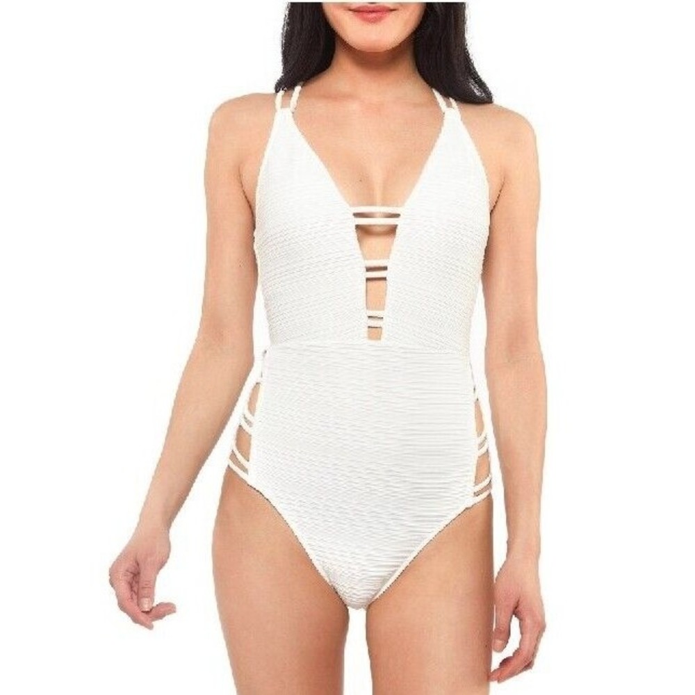 New w/Tags! Jessica Simpson L Off White Ribbed Plunge Strappy One Piece Swimsuit